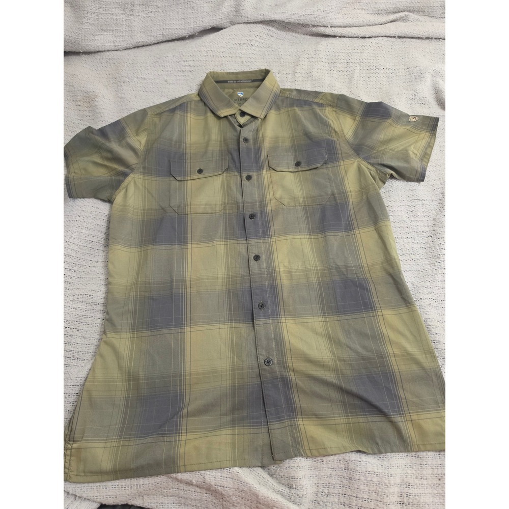 Kuhl Mens Small Green Grey Plaid Short Sleeve Button Down Hiking Shirt